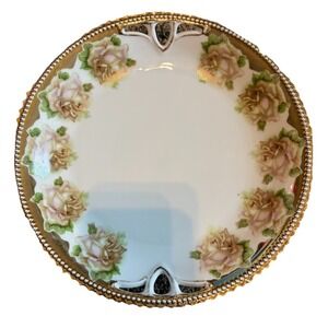 Antique J &‎ C Bavaria  Cake Plate Light Pink Flowers Heavy Gold Trim 9"